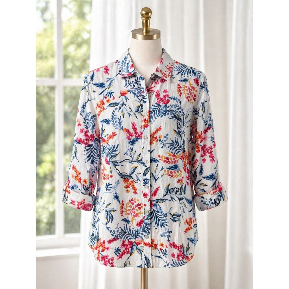 Chico's 100% Linen Button Down Top White Floral 3/4 Sleeve Size 1 Small 8